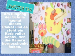 ZWEITERTAGAm Eingang der Schule haengt dieses  Plakat und es steht ein Korb voller Aepfel, den die Bauern hergeschenkt haben.