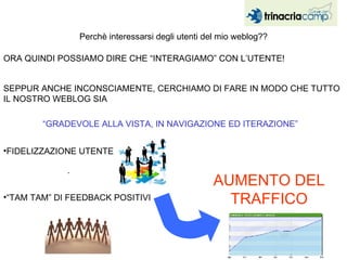 Perchè interessarsi degli utenti del mio weblog?? ORA QUINDI POSSIAMO DIRE CHE “INTERAGIAMO” CON L’UTENTE! “ GRADEVOLE ALLA VISTA, IN NAVIGAZIONE ED ITERAZIONE” SEPPUR ANCHE INCONSCIAMENTE, CERCHIAMO DI FARE IN MODO CHE TUTTO IL NOSTRO WEBLOG SIA FIDELIZZAZIONE UTENTE AUMENTO DEL TRAFFICO + “ TAM TAM” DI FEEDBACK POSITIVI 