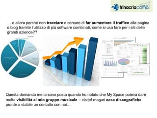 …  e allora perché non  tracciare  e cercare di  far aumentare il traffico  alla pagina o blog tramite l’utilizzo di più software combinati, come si usa fare per i siti delle grandi aziende?? Questa domanda me la sono posta quando ho notato che My Space poteva dare molta  visibilità al mio gruppo musicale   =  visite! magari  case discografiche  pronte a stabile un contatto con noi… 