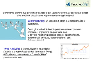 Cerchiamo di dare due definizioni di base e poi vediamo come far coesistere questi due ambiti di discussione apparentemente agli antipodi: Social Network :  un insieme di attori e le relazioni che li collegano.   Dove gli attori (cioè i nodi) possono essere: persone, computer, organismi, pagine web, ecc. E dove le relazioni possono essere: appartenenza, dipendenza, amicizia, collaborazione, ecc.  (fonte www.e-conomy.it) " Web Analytics  è la misurazione, la raccolta, l'analisi e la reportistica di dati Internet al fine  di diffondere la conoscenza e l'uso del Web " .  (Definizione ufficiale WAA)  