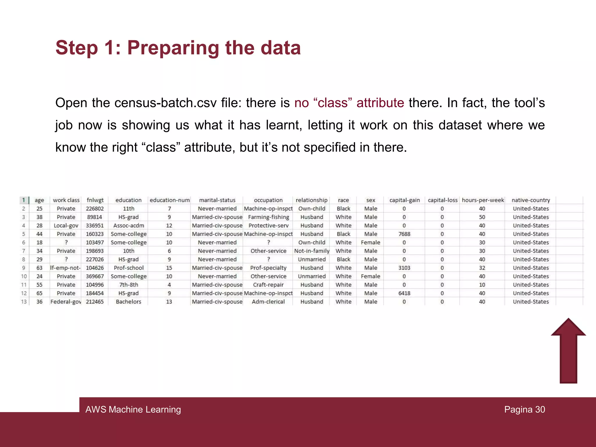 AWS Machine Learning
Step 1: Preparing the data
Consider our dataset: open the “census.csv” file
Our target is the attribute “class”: how much a person earns per year (binary, 1 if >
50.000, 0 if ≤ 50.000)
Pagina 30
 