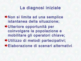 La diagnosi iniziale

Non si limita ad una semplice
istantanea della situazione;
Ulteriore opportunità per
coinvolgere la popolazione e
mobilitare gli operatori chiave;
Utilizzo di metodi partecipativi;
Elaborazione di scenari alternativi .
 