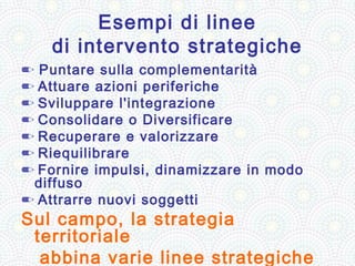 Esempi di linee
    di intervento strategiche
✏ Puntare sulla complementarità
✏ Attuare azioni periferiche
✏ Sviluppare l'integrazione
✏ Consolidare o Diversificare
✏ Recuperare e valorizzare
✏ Riequilibrare
✏ Fornire impulsi, dinamizzare in modo
 diffuso
✏ Attrarre nuovi soggetti
Sul campo, la strategia
 territoriale
  abbina varie linee strategiche
 
