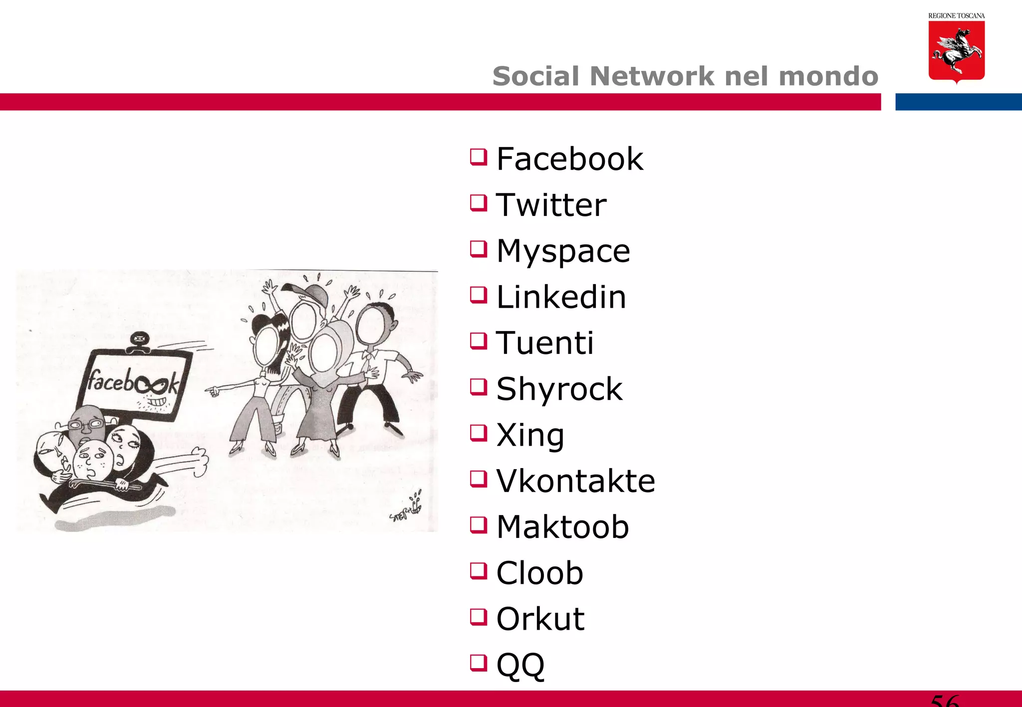 Social Network nel mondo Facebook Twitter Myspace Linkedin Tuenti Shyrock Xing Vkontakte Maktoob Cloob Orkut QQ 