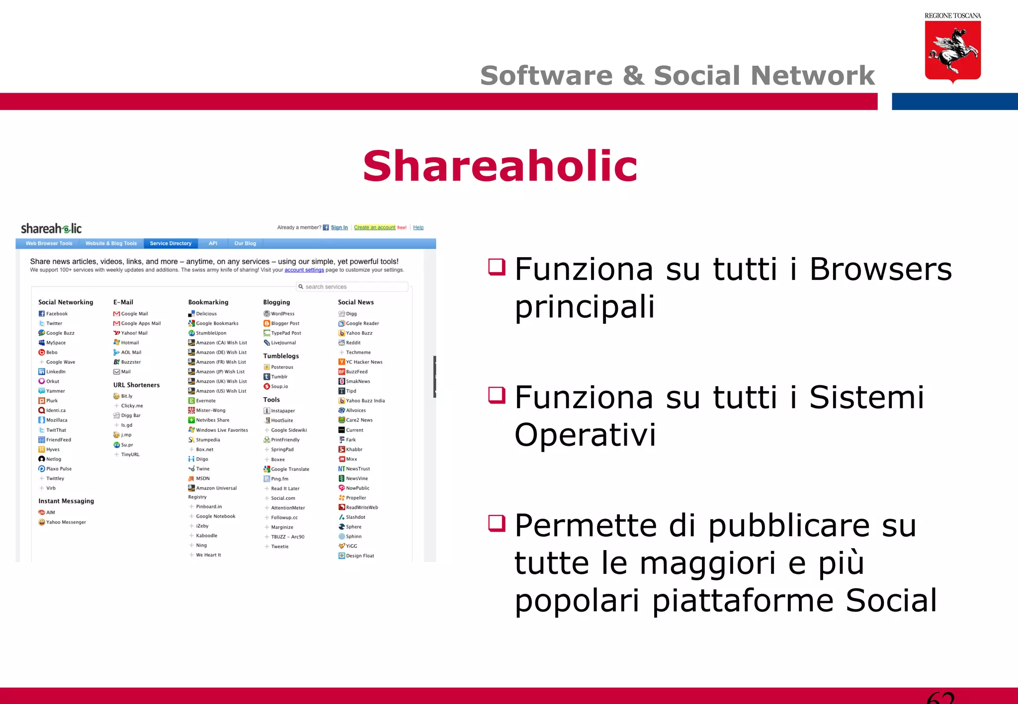 Software & Social Network Funziona su tutti i Browsers principali Funziona su tutti i Sistemi Operativi Permette di pubblicare su tutte le maggiori e più popolari piattaforme Social Shareaholic 