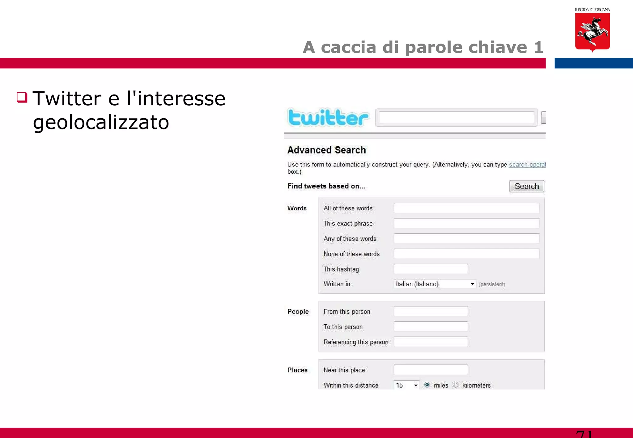A caccia di parole chiave 1 Twitter e l'interesse geolocalizzato 