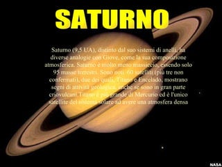 SATURNO Saturno (9,5 UA), distinto dal suo sistemi di anelli, ha diverse analogie con Giove, come la sua composizione atmosferica. Saturno è molto meno massiccio, essendo solo 95 masse terrestri. Sono noti  60 satelliti (più tre non confermati), due dei quali, Titano e Encelado, mostrano segni di attività geologica, anche se sono in gran parte criovulcani.Titano è più grande di Mercurio ed è l'unico satellite del sistema solare ad avere una atmosfera densa 