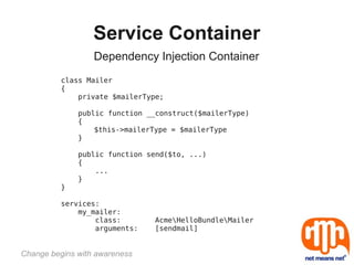 Service Container
                  Dependency Injection Container
          class Mailer
          {
              private $mailerType;

              public function __construct($mailerType)
              {
                  $this->mailerType = $mailerType
              }

              public function send($to, ...)
              {
                  ...
              }
          }

          services:
              my_mailer:
                  class:       AcmeHelloBundleMailer
                  arguments:   [sendmail]


Change begins with awareness
 