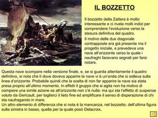 IL BOZZETTO
                                                  Il bozzetto della Zattera è molto
                                                  interessante e ci rivela molti indizi per
                                                  comprendere l’evoluzione verso la
                                                  stesura definitiva del quadro.
                                                  Il motivo delle due diagonale
                                                  contrapposte era già presente ma il
                                                  progetto iniziale, e prevedeva una
                                                  nave all’orizzonte verso la quale i
                                                  naufraghi facevano segnali per farsi
                                                  notare.

Questa nave scompare nella versione finale, e, se si guarda attentamente il quadro
definitivo, si nota che lì dove doveva apparire la nave vi è un’onda che si solleva sulla
linea d’orizzonte. Probabile quindi che la scelta di non far apparire la nave sia stata
presa proprio all’ultimo momento. In effetti il gruppo che si agita non ha motivo di
compiere una simile azione se all’orizzonte non c’è nulla: ma qui sta l’effetto di suspense
voluto da Gericault, per toglierci il lieto fine ed amplificare il senso di disperazione di chi
sta naufragando in mare.
Un altro elemento di differenza che si nota è la mancanza, nel bozzetto, dell’ultima figura
sulla sinistra in basso, quella per la quale posò Delacroix.
 