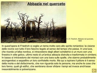 Abbazia nel querceto




                                                                 C. D. Friedrich, Abbazia nel querceto,
                                                                                  1809


In quest'opera di Friedrich si coglie un tema molto caro allo spirito romantico: la visione
delle rovine con tutto il loro fascino legato al senso del tempo che passa. In una luce,
che ricorda un'alba nordica, si intravedono degli alberi scheletrici e un muro con una
finestra in stile gotico, ultimo resto di un'antica abbazia distrutta e trasformata in cimitero.
In basso si intravedono dei monaci con una bara sulle spalle, che stanno probabilmente
accingendosi a seppellire un loro confratello morto. Ma qui a ispirare il pittore è il senso
della morte e del disfacimento, che non riguarda solo le persone, ma anche le cose che
loro fanno, quali gli edifici, che sembrano dover sfidare i tempi ed invece anch'esse
inesorabilmente si polverizzano.
 