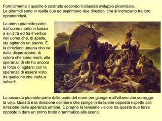 Formalmente il quadro è costruito secondo il classico sviluppo piramidale.
Le piramidi sono in realtà due ed esprimono due direzioni che si incrociano tra loro
opponendosi.
La prima piramide parte
dall’uomo morto in basso
a sinistra ed ha il vertice
nell’uomo che, di spalle,
sta agitando un panno. È
la direzione umana cha va
dalla disperazione, di
coloro che sono morti, alla
speranza di chi ha ancora
la forza di agitarsi con la
speranza di essere visto
da qualcuno che vada a
salvarli.


La seconda piramide parte dalle onde del mare per giungere all’albero che sorregge
la vela. Questa è la direzione del mare che spinge in direzione opposta rispetto alla
direzione delle speranze umane. È proprio la tensione visibile tra queste due forze
opposte a dare un primo tratto drammatico alla scena.
 