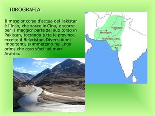 IDROGRAFIA

Il maggior corso d'acqua del Pakistan
è l'Indo, che nasce in Cina, e scorre
per la maggior parte del suo corso in
Pakistan, toccando tutte le province
eccetto il Belucistan. Diversi fiumi
importanti, si immettono nell'Indo
prima che esso sfoci nel mare
Arabico.
 