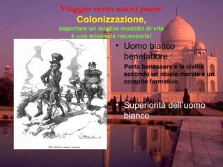 Viaggio verso nuovi paesi:
Colonizzazione,
esportare un miglior modello di vita
è una missione necessaria!
• Uomo bianco
benefattore :
Porta benessere e la civiltà
secondo un ideale morale e un
compito formativo;
• Superiorità dell’uomo
bianco
 