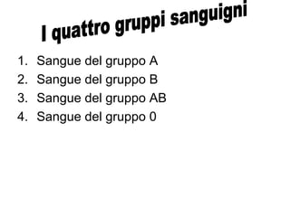 1. Sangue del gruppo A
2. Sangue del gruppo B
3. Sangue del gruppo AB
4. Sangue del gruppo 0
 