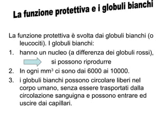 La funzione protettiva è svolta dai globuli bianchi (o
leucociti). I globuli bianchi:
1. hanno un nucleo (a differenza dei globuli rossi),
si possono riprodurre
2. In ogni mm3
ci sono dai 6000 ai 10000.
3. i globuli bianchi possono circolare liberi nel
corpo umano, senza essere trasportati dalla
circolazione sanguigna e possono entrare ed
uscire dai capillari.
 