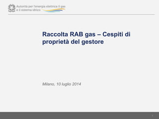 Raccolta RAB gas – Cespiti di
proprietà del gestore
Milano, 10 luglio 2014
1
 