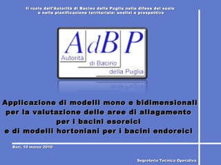 Applicazione di modelli mono e bidimensionali per la valutazione delle aree di allagamento  per i bacini esoreici  e di modelli hortoniani per i bacini endoreici  Bari, 10 marzo 2010 Il ruolo dell’Autorità di Bacino della Puglia nella difesa del suolo  e nella pianificazione territoriale: analisi e prospettive Segreteria Tecnica Operativa 