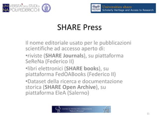 SHARE Press
Il nome editoriale usato per le pubblicazioni
scientifiche ad accesso aperto di:
•riviste (SHARE Journals), su piattaforma
SeReNa (Federico II)
•libri elettronici (SHARE books), su
piattaforma FedOABooks (Federico II)
•Dataset della ricerca e documentazione
storica (SHARE Open Archive), su
piattaforma EleA (Salerno)
11
 