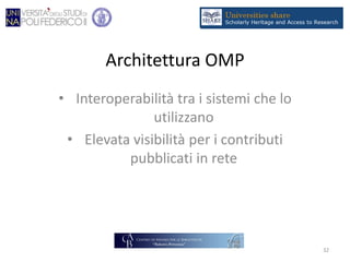 Architettura OMP
• Interoperabilità tra i sistemi che lo
utilizzano
• Elevata visibilità per i contributi
pubblicati in rete
32
 