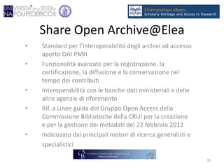 Share Open Archive@Elea
• Standard per l’interoperabilità degli archivi ad accesso
aperto OAI PMH
• Funzionalità avanzate per la registrazione, la
certificazione, la diffusione e la conservazione nel
tempo dei contributi
• Interoperabilità con le banche dati ministeriali e delle
altre agenzie di riferimento
• Rif. a Linee guida del Gruppo Open Access della
Commissione Biblioteche della CRUI per la creazione
e per la gestione dei metadati del 22 febbraio 2012
• Indicizzato dai principali motori di ricerca generalisti e
specialistici 
39
 