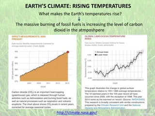 EARTH’S CLIMATE: RISING TEMPERATURES
What makes the Earth’s temperatures rise?
The massive burning of fossil fuels is increasing the level of carbon
dioxid in the atmposhpere
http://climate.nasa.gov/
 