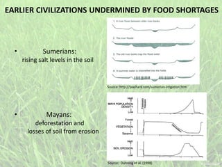 EARLIER CIVILIZATIONS UNDERMINED BY FOOD SHORTAGES
• Sumerians:
rising salt levels in the soil
• Mayans:
deforestation and
losses of soil from erosion
Source: http://pixshark.com/sumerian-irrigation.htm
Source: Dunning et al. (1998)
 