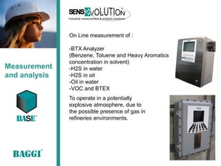 On Line measurement of :

               -BTX Analyzer
               (Benzene, Toluene and Heavy Aromatics
               concentration in solvent)
Measurement    -H2S in water
and analysis   -H2S in oil
               -Oil in water
               -VOC and BTEX
               To operate in a potentially
               explosive atmosphere, due to
               the possible presence of gas in
               refineries environments.
 