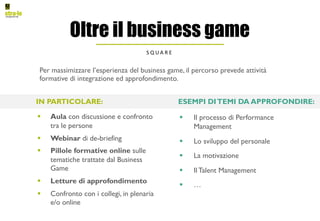 Per massimizzare l’esperienza del business game, il percorso prevede attività
formative di integrazione ed approfondimento.
Oltre il business game
S Q U A R E
§ Aula con discussione e confronto
tra le persone
§ Webinar di de-briefing
§ Pillole formative online sulle
tematiche trattate dal Business
Game
§ Letture di approfondimento
§ Confronto con i collegi, in plenaria
e/o online
§ Il processo di Performance
Management
§ Lo sviluppo del personale
§ La motivazione
§ Il Talent Management
§ …
IN PARTICOLARE: ESEMPI DITEMI DA APPROFONDIRE:
 