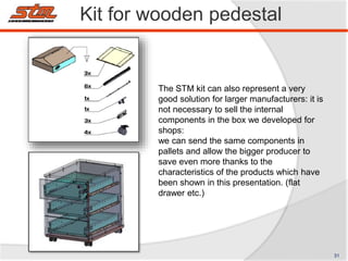 The STM kit can also represent a very
good solution for larger manufacturers: it is
not necessary to sell the internal
components in the box we developed for
shops:
we can send the same components in
pallets and allow the bigger producer to
save even more thanks to the
characteristics of the products which have
been shown in this presentation. (flat
drawer etc.)
Kit for wooden pedestal
31
 