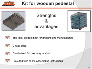 Strengths
&
advantages
Kit for wooden pedestal
The ideal product both for artisans and manufacturers
Cheap price
Small-sized flat box easy to store
Provided with all the assembling instructions
32
 