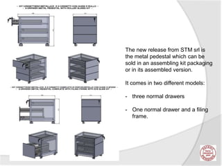 The new release from STM srl is
the metal pedestal which can be
sold in an assembling kit packaging
or in its assembled version.
It comes in two different models:
- three normal drawers
- One normal drawer and a filing
frame.
 
