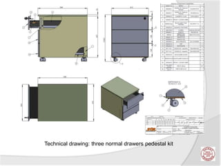 Technical drawing: three normal drawers pedestal kit
 