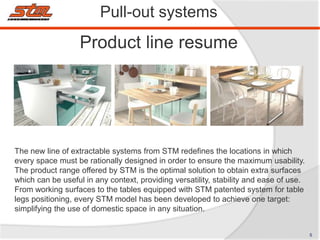 Product line resume
Pull-out systems
The new line of extractable systems from STM redefines the locations in which
every space must be rationally designed in order to ensure the maximum usability.
The product range offered by STM is the optimal solution to obtain extra surfaces
which can be useful in any context, providing versatility, stability and ease of use.
From working surfaces to the tables equipped with STM patented system for table
legs positioning, every STM model has been developed to achieve one target:
simplifying the use of domestic space in any situation.
5
 