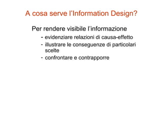 Per rendere visibile l’informazione
- evidenziare relazioni di causa-effetto
- illustrare le conseguenze di particolari
scelte
- confrontare e contrapporre
A cosa serve l’Information Design?
 
