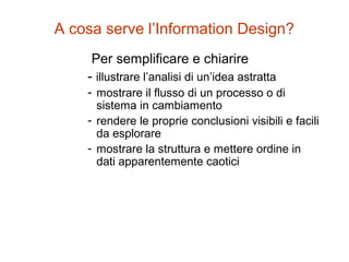 Per semplificare e chiarire
- illustrare l’analisi di un’idea astratta
- mostrare il flusso di un processo o di
sistema in cambiamento
- rendere le proprie conclusioni visibili e facili
da esplorare
- mostrare la struttura e mettere ordine in
dati apparentemente caotici
A cosa serve l’Information Design?
 