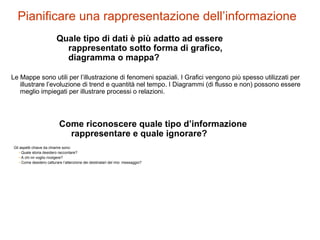 Pianificare una rappresentazione dell’informazione
Quale tipo di dati è più adatto ad essere
rappresentato sotto forma di grafico,
diagramma o mappa?
Le Mappe sono utili per l’illustrazione di fenomeni spaziali. I Grafici vengono più spesso utilizzati per
illustrare l’evoluzione di trend e quantità nel tempo. I Diagrammi (di flusso e non) possono essere
meglio impiegati per illustrare processi o relazioni.
Come riconoscere quale tipo d’informazione
rappresentare e quale ignorare?
Gli aspetti chiave da chiarire sono:
• Quale storia desidero raccontare?
• A chi mi voglio rivolgere?
• Come desidero catturare l’attenzione dei destinatari del mio messaggio?
 