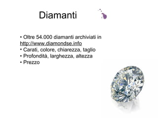 • Oltre 54.000 diamanti archiviati in
http://www.diamondse.info
• Carati, colore, chiarezza, taglio
• Profondità, larghezza, altezza
• Prezzo
Diamanti
 