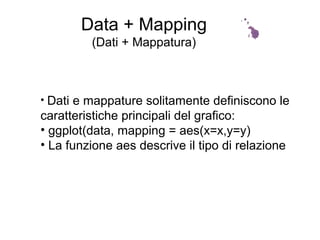 Data + Mapping
(Dati + Mappatura)
• Dati e mappature solitamente definiscono le
caratteristiche principali del grafico:
• ggplot(data, mapping = aes(x=x,y=y)
• La funzione aes descrive il tipo di relazione
 