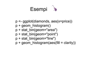 Esempi
p <- ggplot(diamonds, aes(x=price))
p + geom_histogram()
p + stat_bin(geom="area")
p + stat_bin(geom="point")
p + stat_bin(geom="line")
p + geom_histogram(aes(fill = clarity))
 