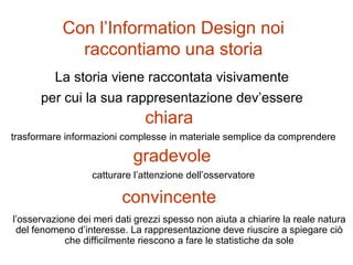 Con l’Information Design noi
raccontiamo una storia
La storia viene raccontata visivamente
per cui la sua rappresentazione dev’essere
chiara
trasformare informazioni complesse in materiale semplice da comprendere
gradevole
catturare l’attenzione dell’osservatore
convincente
l’osservazione dei meri dati grezzi spesso non aiuta a chiarire la reale natura
del fenomeno d’interesse. La rappresentazione deve riuscire a spiegare ciò
che difficilmente riescono a fare le statistiche da sole
 