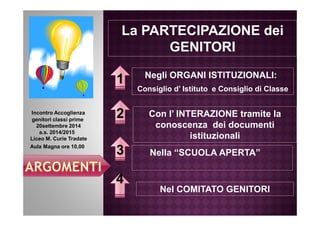 Incontro Accoglienza 
La PARTECIPAZIONE dei 
GENITORI 
Negli ORGANI ISTITUZIONALI: 
Consiglio d’ Istituto e Consiglio di Classe 
1 
Con l’ INTERAZIONE 2 
tramite la 
genitori classi prime 
20settembre 2014 
a.s. 2014/2015 
Liceo M. Curie Tradate 
Aula Magna ore 10,00 
conoscenza dei documenti 
istituzionali 
3 Nella “SCUOLA APERTA” 
Nel COMITATO GENITORI 
4 
 
