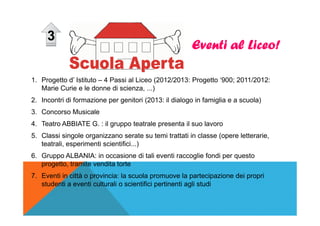 EEEEvvvveeeennnnttttiiii aaaallll LLLLiiiicccceeeeoooo!!!! 
3 
1. Progetto d’ Istituto – 4 Passi al Liceo (2012/2013: Progetto ‘900; 2011/2012: 
Marie Curie e le donne di scienza, ...) 
2. Incontri di formazione per genitori (2013: il dialogo in famiglia e a scuola) 
3. Concorso Musicale 
4. Teatro ABBIATE G. : il gruppo teatrale presenta il suo lavoro 
5. Classi singole organizzano serate su temi trattati in classe (opere letterarie, 
teatrali, esperimenti scientifici...) 
6. Gruppo ALBANIA: in occasione di tali eventi raccoglie fondi per questo 
progetto, tramite vendita torte 
7. Eventi in città o provincia: la scuola promuove la partecipazione dei propri 
studenti a eventi culturali o scientifici pertinenti agli studi 
 