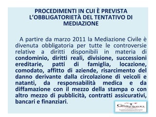 PROCEDIMENTI IN CUI È PREVISTA L’OBBLIGATORIETÀ DEL TENTATIVO DI MEDIAZIONE A partire da marzo 2011 la Mediazione Civile è divenuta obbligatoria per tutte le controversie relative a diritti disponibili in materia di  condominio, diritti reali, divisione, successioni ereditarie, patti di famiglia, locazione, comodato, affitto di aziende, risarcimento del danno derivante dalla circolazione di veicoli e natanti, da responsabilità medica e da diffamazione con il mezzo della stampa o con altro mezzo di pubblicità, contratti assicurativi, bancari e finanziari . 