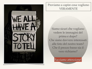Siamo sicuri che vogliano
vedere le immagini del
prima e dopo?
Che siano davvero interessati
alle foto del nostro team?
Che il prezzo basso sia il
vero richiamo?
Proviamo a capire cosa vogliono
VERAMENTE
Facciamo attenzione!
 