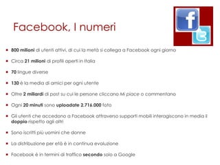 Facebook, I numeri
 800 milioni di utenti attivi, di cui la metà si collega a Facebook ogni giorno

 Circa 21 milioni di profili aperti in Italia

 70 lingue diverse

 130 è la media di amici per ogni utente

 Oltre 2 miliardi di post su cui le persone cliccano Mi piace o commentano

 Ogni 20 minuti sono uploadate 2.716.000 foto

 Gli utenti che accedono a Facebook attraverso supporti mobili interagiscono in media il
  doppio rispetto agli altri

 Sono iscritti più uomini che donne

 La distribuzione per età è in continua evoluzione

 Facebook è in termini di traffico secondo solo a Google
 