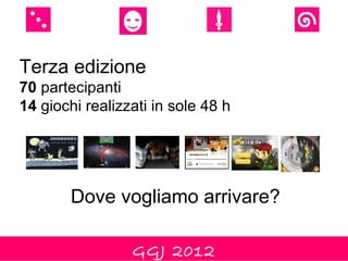 Terza edizione
70 partecipanti
14 giochi realizzati in sole 48 h




        Dove vogliamo arrivare?

                 GGJ 2012
 