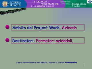 Ambito del Project Work:  Azienda Destinatari:  Formatori aziendali   Una rete per @mica Corso di Specializzazione 2° anno 2006/07 – Percorso  EL – Gruppo  Acquamarina 