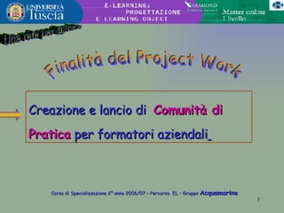 Una rete per @mica Finalità del Project Work Creazione e lancio di  Comunità di Pratica  per formatori aziendali   Corso di Specializzazione 2° anno 2006/07 – Percorso  EL – Gruppo  Acquamarina 