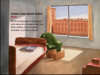 DONNA COME MADRE NUBILE
RUTH
RUTH sta facendo la valigia per
una vacanza e sta parlando, con
finta collera, con sua figlia,
invisibile in un'altra stanza.
 