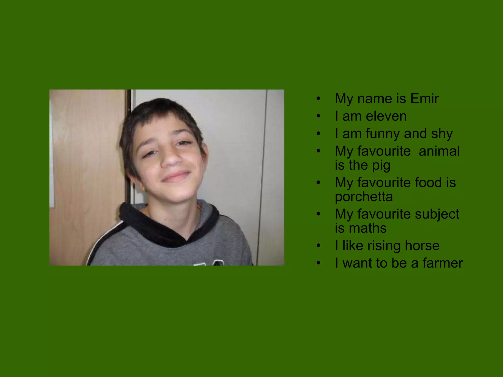 My name is Emir I am eleven I am funny and shy My favourite  animal is the pig My favourite food is porchetta My favourite subject is maths I like rising horse I want to be a farmer 